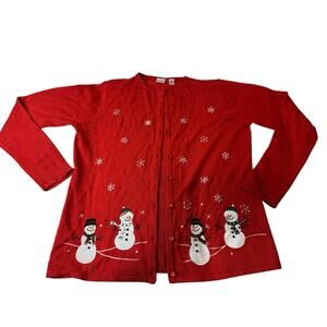 Medium Wish For Joy Holiday Sweater Red Snowman Christmas Winter Cardigan